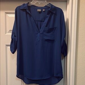 New York & Company Blue Cuffed Sleeve Blouse with Mandarin Collar